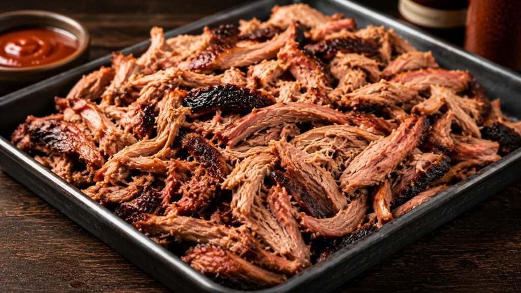 Freshly pulled smoked pork piled on a serving tray