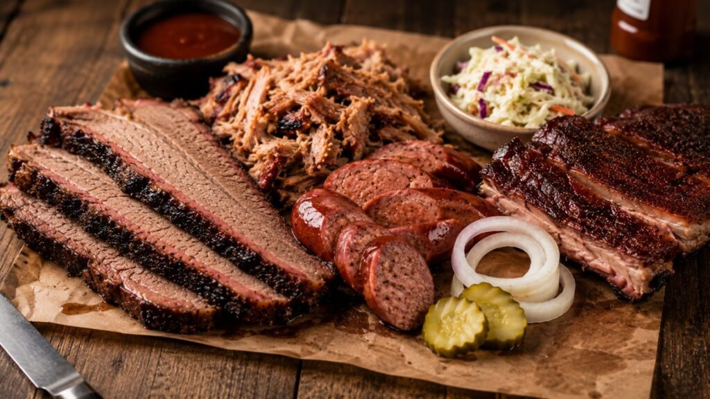 Sliced brisket, pulled pork, ribs and coleslaw served on butcher paper