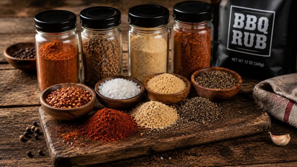 Jars of barbecue rub and bowls of spices on a wooden board