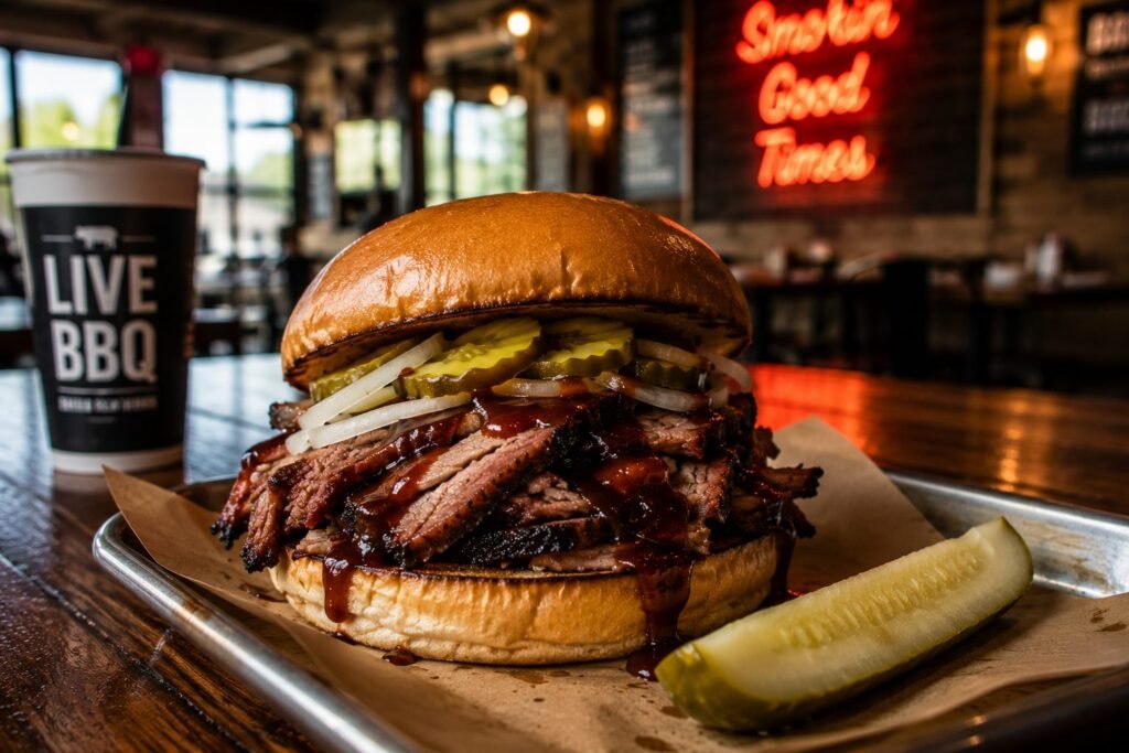 Smoked brisket sandwich on a bun served with pickle spears